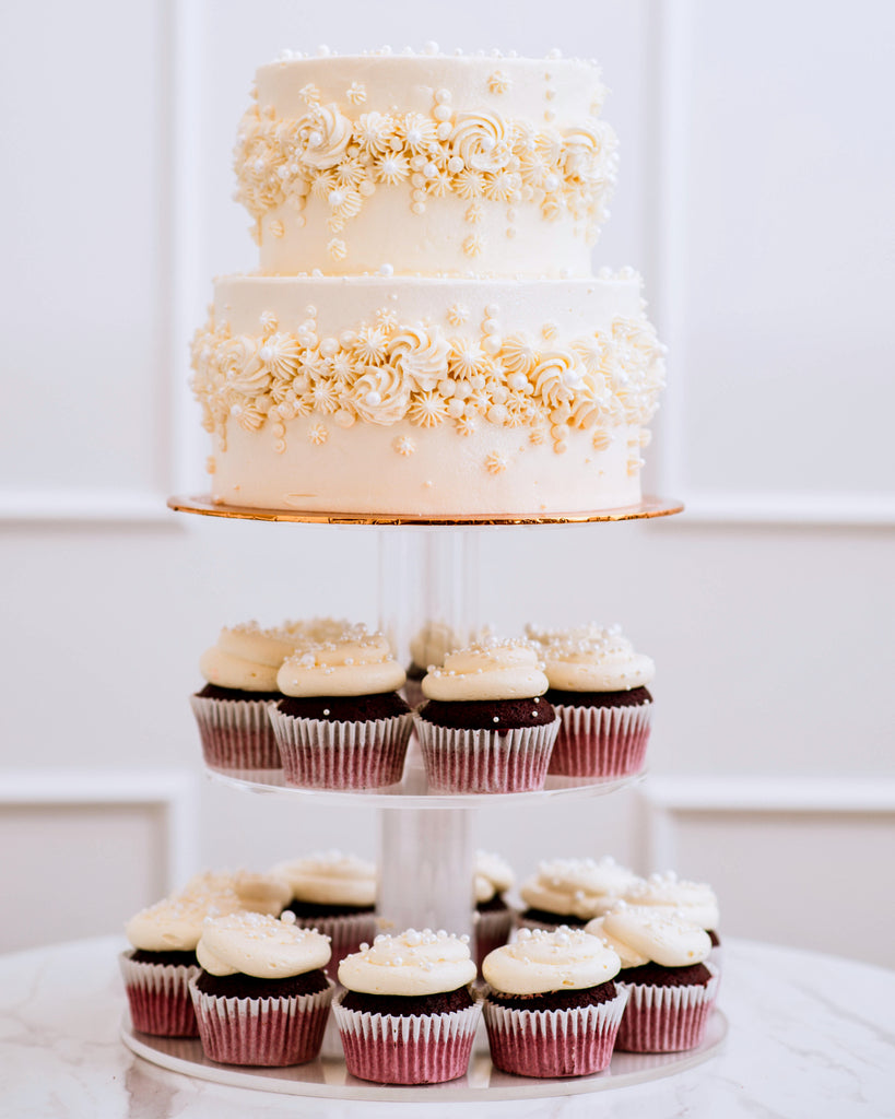 2 Tier Bianco Cake and Cupcakes