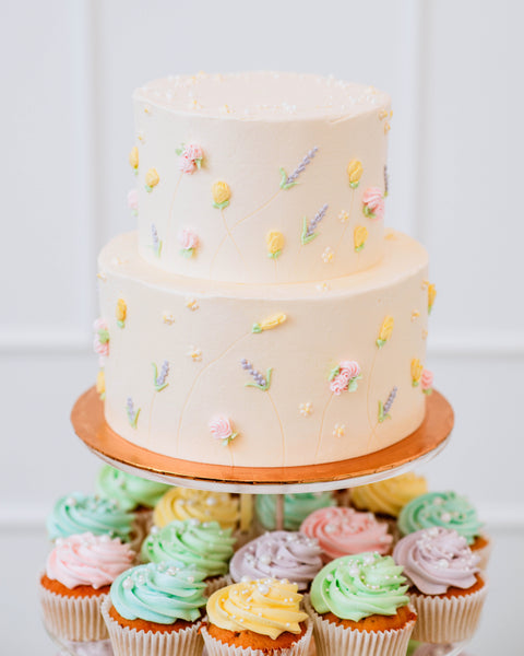 2 Tier Summer Cake and Cupcakes