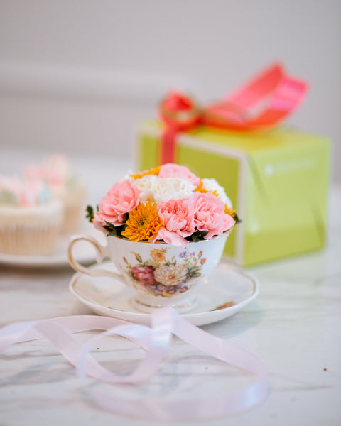 2024 Mother's Day - Box of 6 Blooming Marvelous Cupcakes & Tea Cup Posy By Nook Flowers