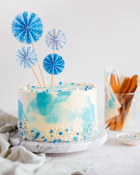 Cake Topper - Mini Paper Fan (Blue)